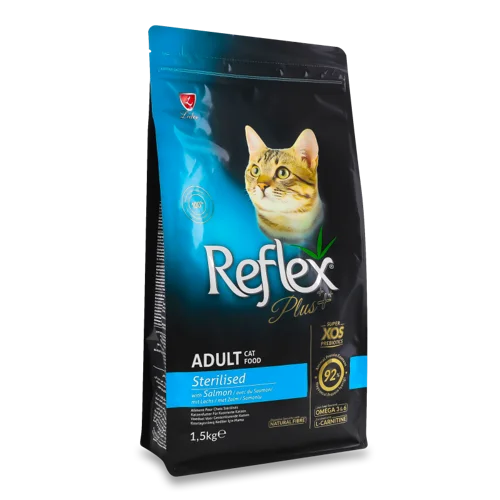 Корм сухий для стерилізованих котів Reflex Plus з лососем, повнораціонний та збалансований, м/у 1.5кг
