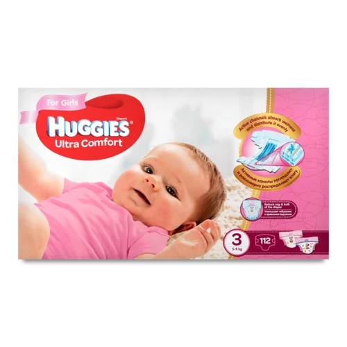 Підгузки Для Дівчаток 3 (5-9 кг) Ultra Comfort Huggies, В/ґ, 112 шт