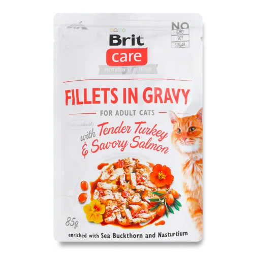 Вологий Повнораціонний Корм Для Дорослих Кішок Fillets In Gravy З Телятиною Та Лососем, Care Brit, 85г