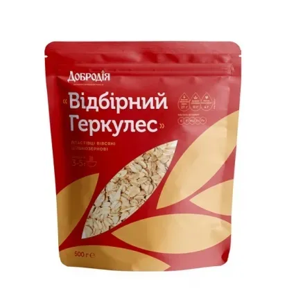Пластівці 0,5 кг Добродія Відбірний Геркулес вівсяні цільнозернові м/уп