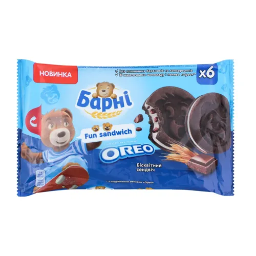 Тістечко бісквітне з начинкою зі шматочками темного шоколаду Oreo Fun sandwich Ведмедик Барні м/у 6x30г