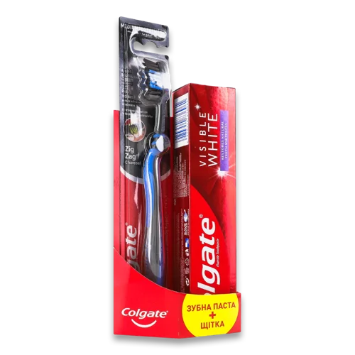Зубна Паста Visible White з Активним Вугіллям та Щітка Charcoal Zig Zag Colgate, 1 шт