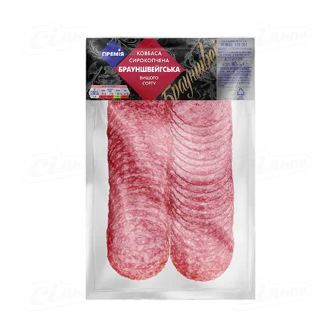 Ковбаса «Премія»® «Брауншвейгська» сиров'ялена вищого ґатунку, нарізка, 80г