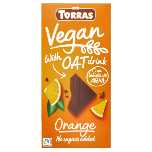 Шоколад чорний Torras Vegan з вівсяним молоком та апельсином без цукру 100г