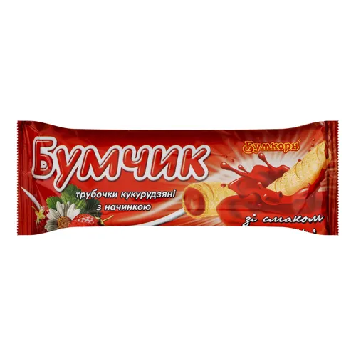 Трубочки кукурудзяні з начинкою зі смаком полуниці Бумчик Бумкорн м/у 20г