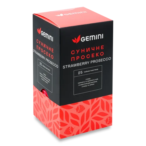 Чайна суміш чорного та зеленого з малиновими, суничними та аронієвими шматочками, Суничне Просеко Gemini, в/с к/у, 25х1.5г