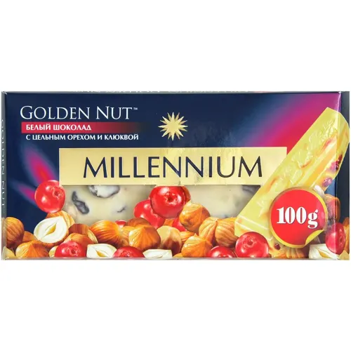 Шоколад Millenium Golden Nut білий з цільними лісовими горіхами і журавлиною 100г