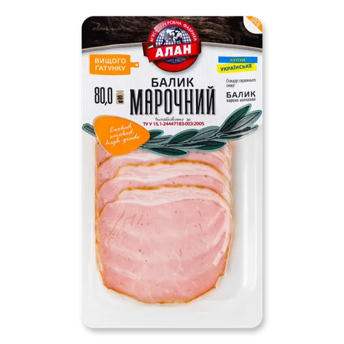 Балик Варено-Копчений Марочний Алан, в/к, Лоток, 80г