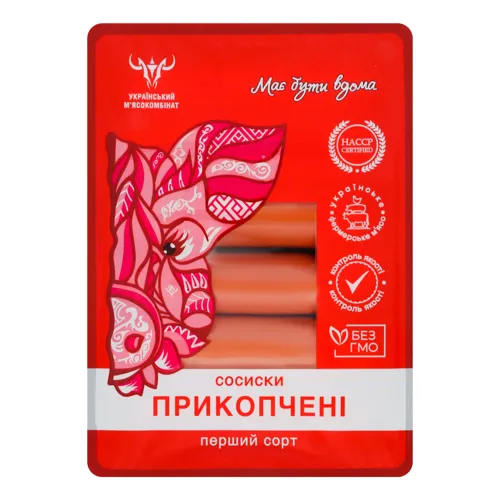 Сосиски Прикопчені Український м'ясокомбінат лоток 0.3кг