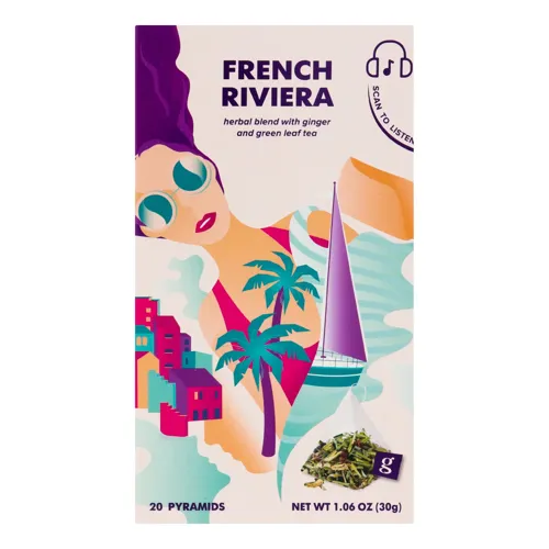 Суміш трав'яна з імбиром та додаванням чаю зеленого байхового листового g’tea! ФРАНЦУЗЬКА РІВ'ЄРА, 20х1.5 g у пірамідках