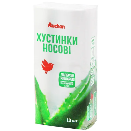 Хустинки носові Auchan тришарові з ароматом алое 10шт