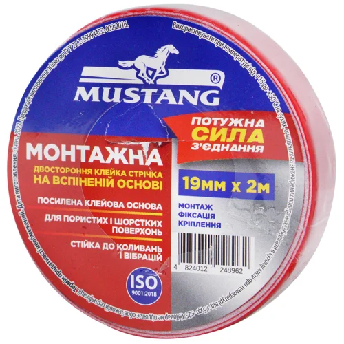 Стрічка Mustang клейка двостороння спінена 19мм*2м