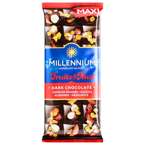 Шоколад чорний Millennium Fruits&Nuts Мигдаль, лісові горіхи, апельсинові цукати та родзинки 140г
