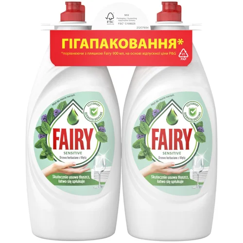 Засіб для миття посуду Fairy Sensitive Чайне дерево та м'ята 2x900мл