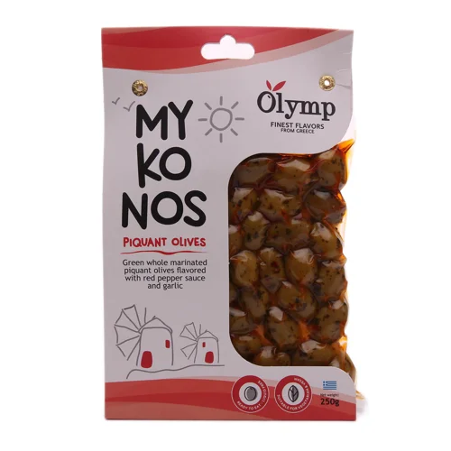 Оливки Olymp зелені Міконос гострий перець-трави,250г